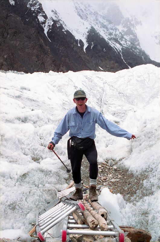 20 Jerome Ryan Crossing Log Bridge On Abruzzi Glacier